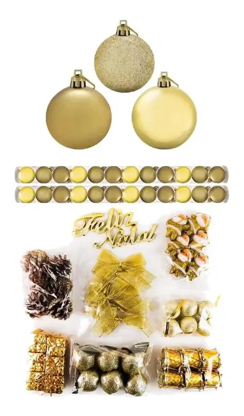 Kit 73 Enfeites Pendentes Árvore Natal Pinhas Dourado Bola