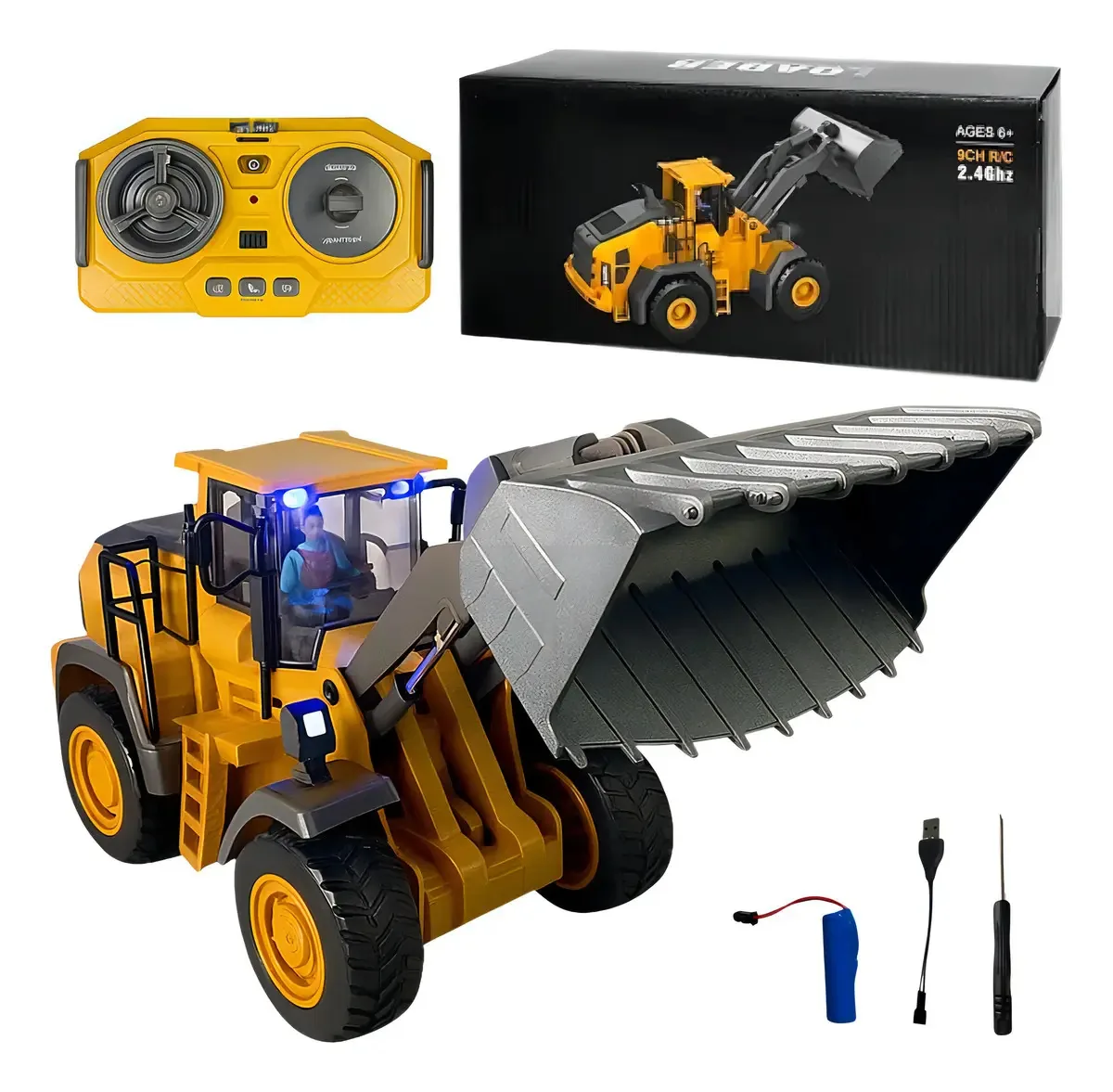 Trator Escavadeira Controle Remoto Recarregável Guedes Amarelo 1:24