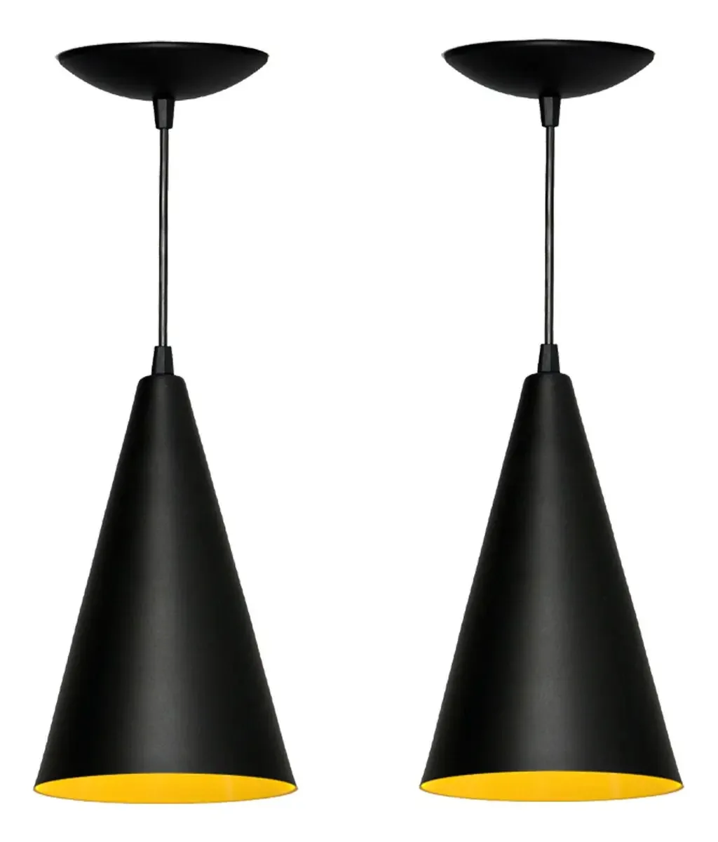 Kit 2 Pendentes Cone Preto Fosco E Amarelo