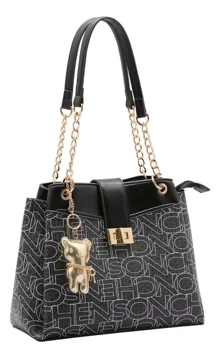 Bolsa Feminina Chenson Ombro Monograma Preta - 84152 Acambamento dos ferragens Dourado Cor Preto