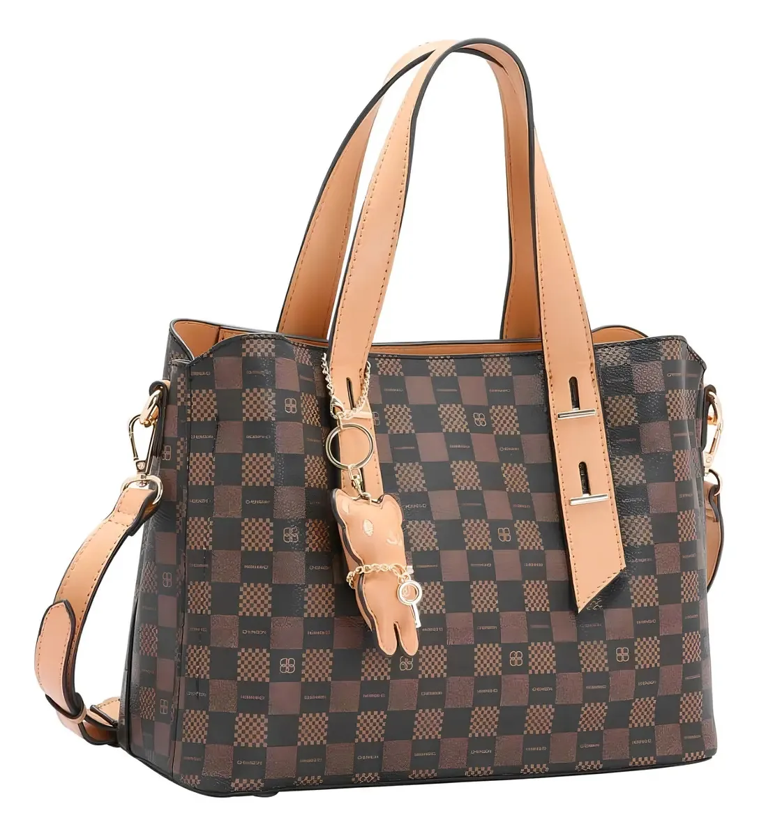 Bolsa Mão E Transversal Feminina Monograma Clássico Chenson Acambamento Dos Ferragens Dourado Cor Café Correia De Ombro Marrom-claro