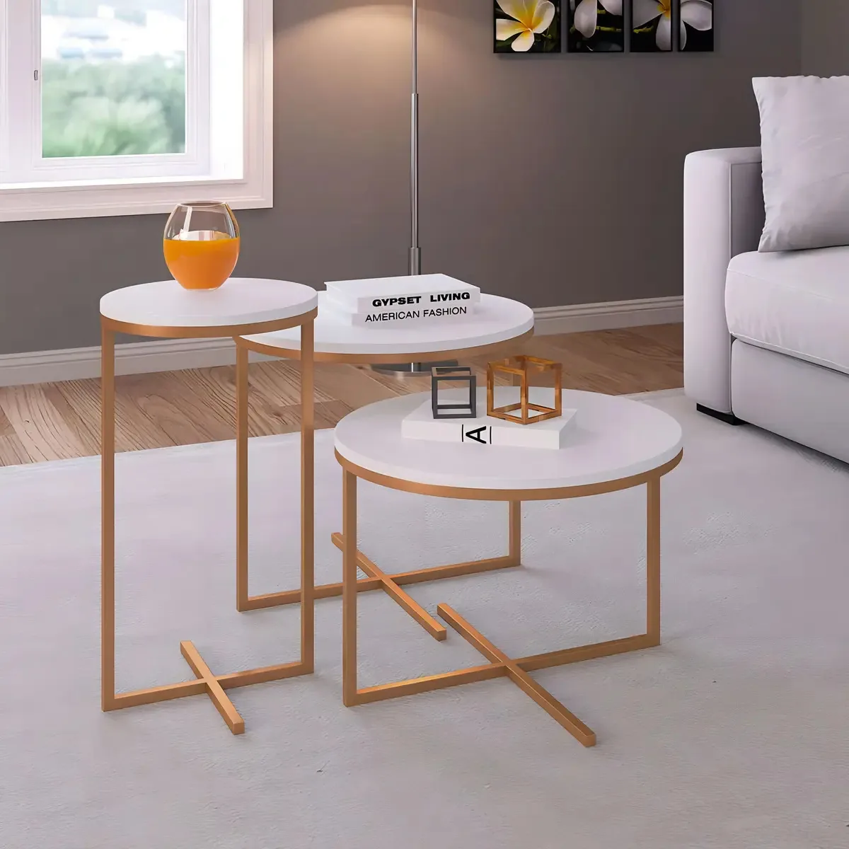 Conjunto Com 3 Mesas Redondas Volpi Branco E Dourado