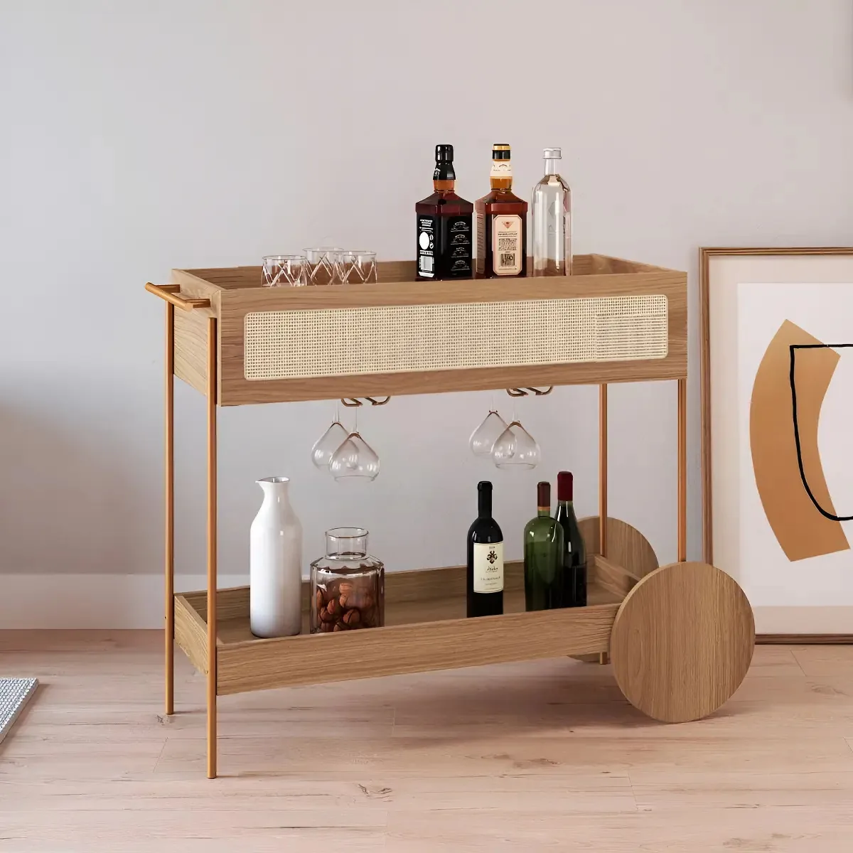 Carrinho Bar 110cm c/ Porta Taças Palhinha Hanover/Dourado