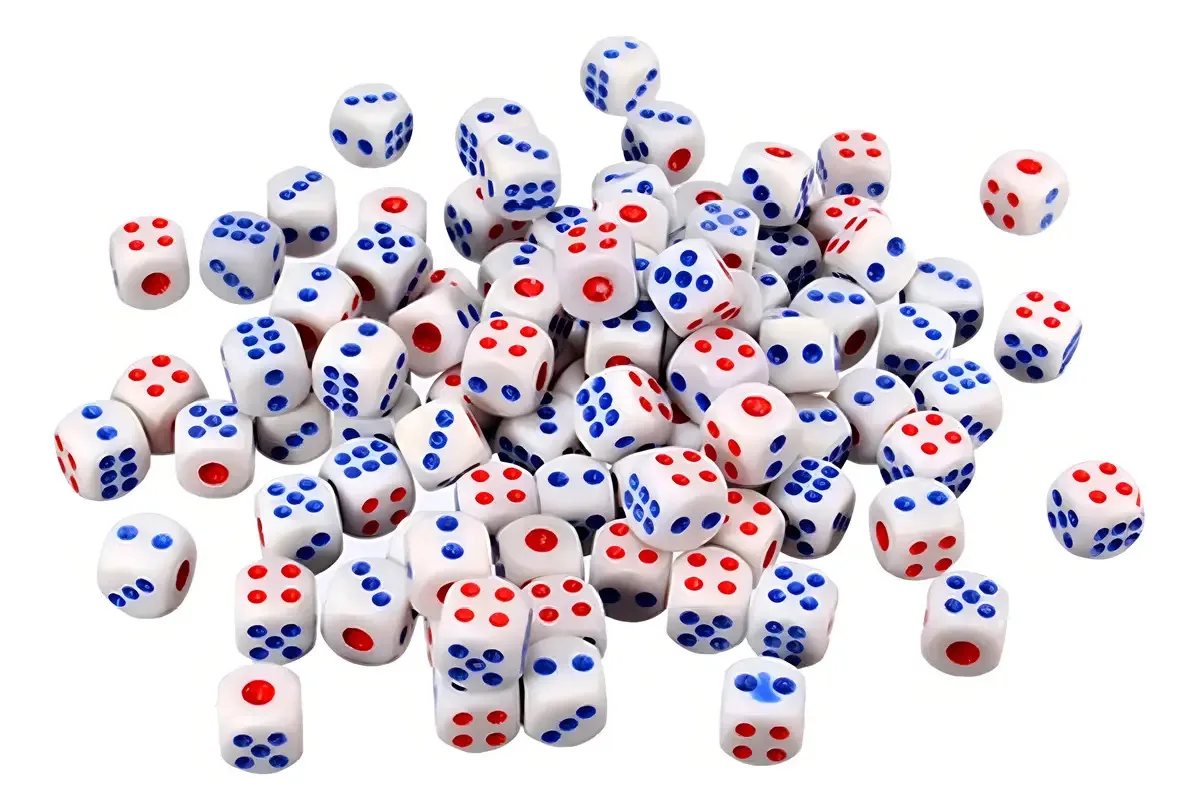 Kit 100 Dados Open Trade 6 Lados 14mm Branco Vermelho Azul Jogos Tabuleiro