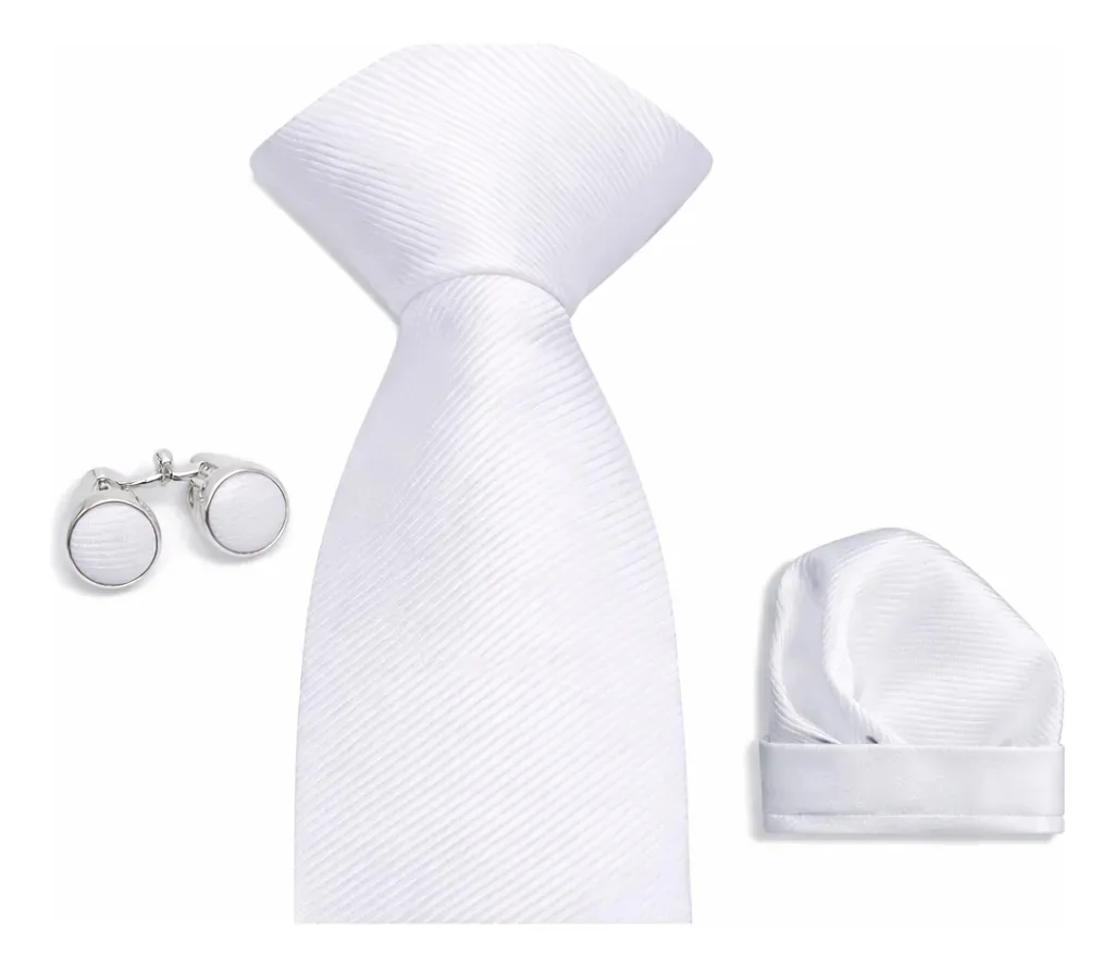 Gravata 100% Jacquard Festa Casamento + Lenço + Abotoaduras Branco Listras