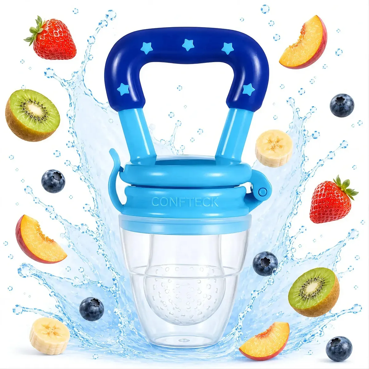 Chupeta Alimentadora de Silicone CONFTECK para Bebê, Porta Frutinha Azul Livre de BPA