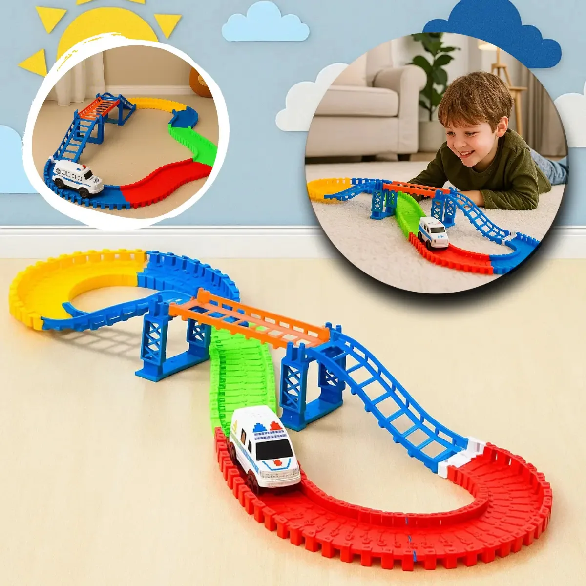 Pista Carrinho Montagem Flexivel Trilha Maluca Com Ponte 108pç Brinquedo Infantil