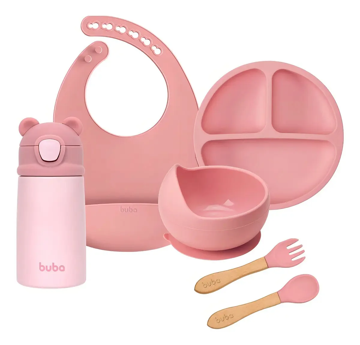 Kit Alimentação Buba de Silicone com Ventosa e Garrafa Térmica Rosa