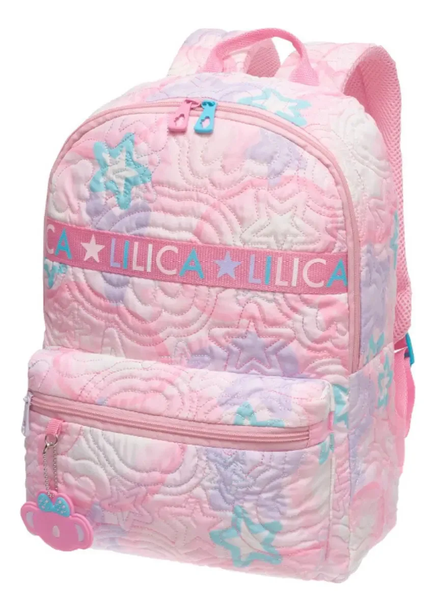 Mochila Costas Infantil Escolar Passeio Lilica Cute Puffer Cor Rosa Desenho do tecido Liso