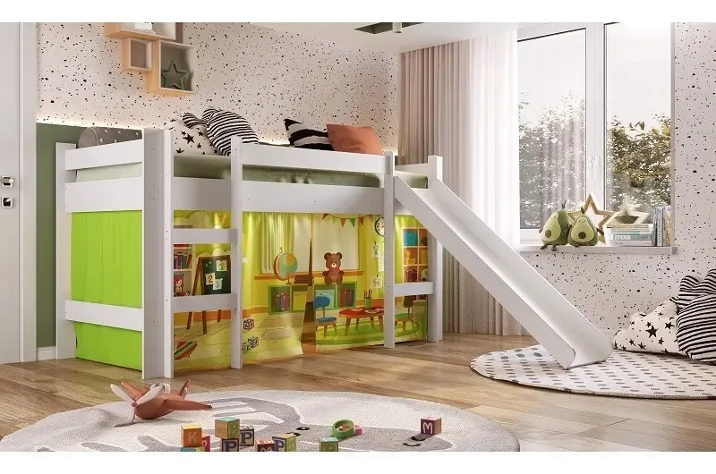 Cama Infantil Elevada Com Escorregador Cortina Escolinha