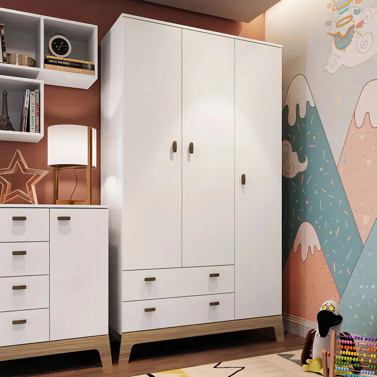 Guarda Roupas Bebê 3 Portas 2 Gavetas Pés Marrom Design Retrô Branco - Completa Móveis