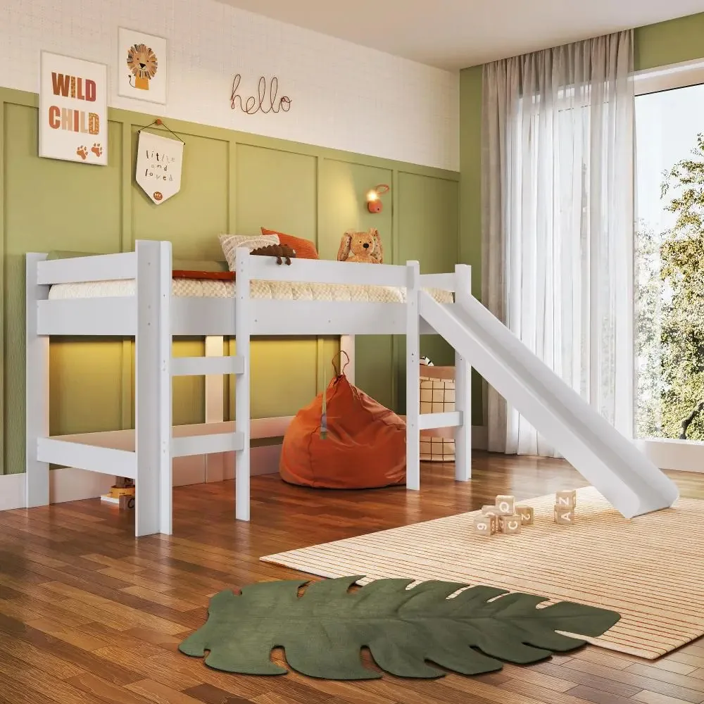 Cama Infantil Elevada com Escorregador Solteiro 188x78cm com Escada e Proteção Lateral Branca sem Cortina