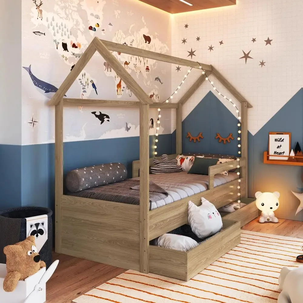 Cama Infantil Montessoriana Casinha Solteiro Gaveta Com Roda Cor Aveiro oak MKTPCCM021
