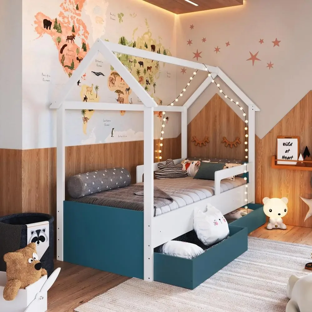Cama Infantil Montessoriana Casinha Solteiro Gaveta Com Roda Cor Branco Com Branco Mktpccm021