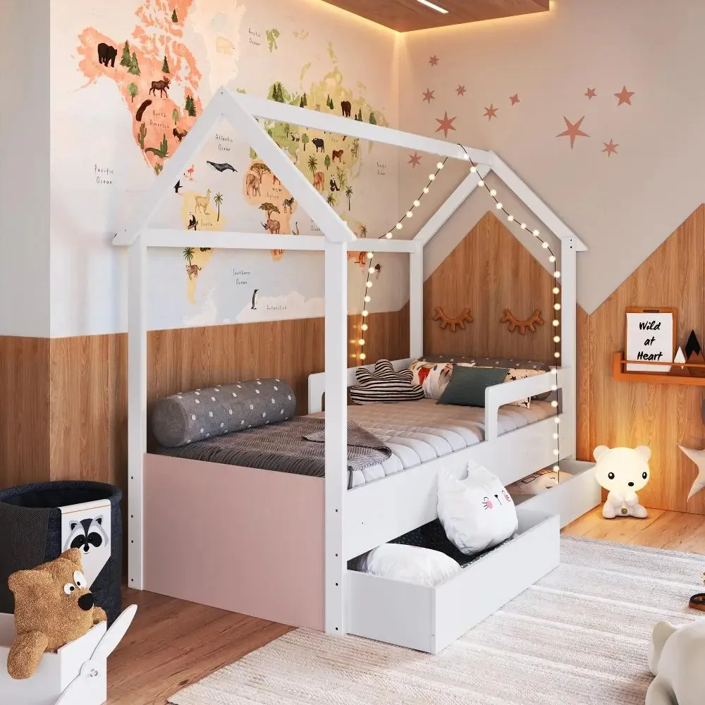 Cama Infantil Montessoriana Casinha Solteiro Gaveta Com Roda Cor Branco Com Rosa Mktpccm021