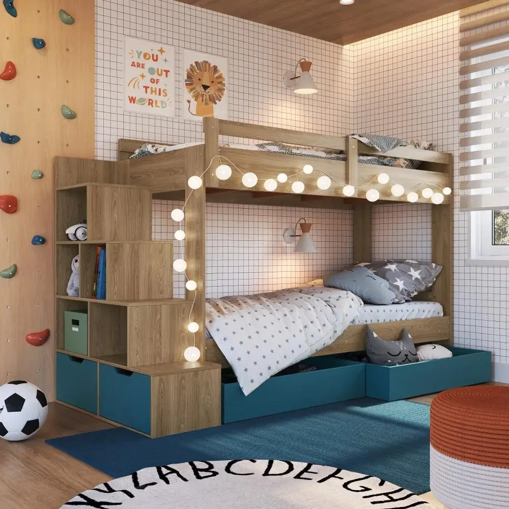 Cama Beliche Infantil Bicama Menino Menina Nicho Gaveta Roda Cor Aveiro Oak Com Azul Mktpbi004