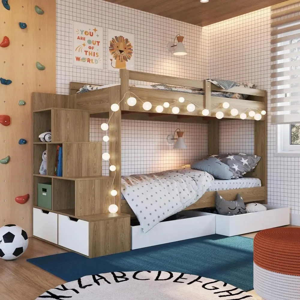Cama Beliche Infantil Bicama Menino Menina Nicho Gaveta Roda Cor Aveiro Oak Com Branco Mktpbi004