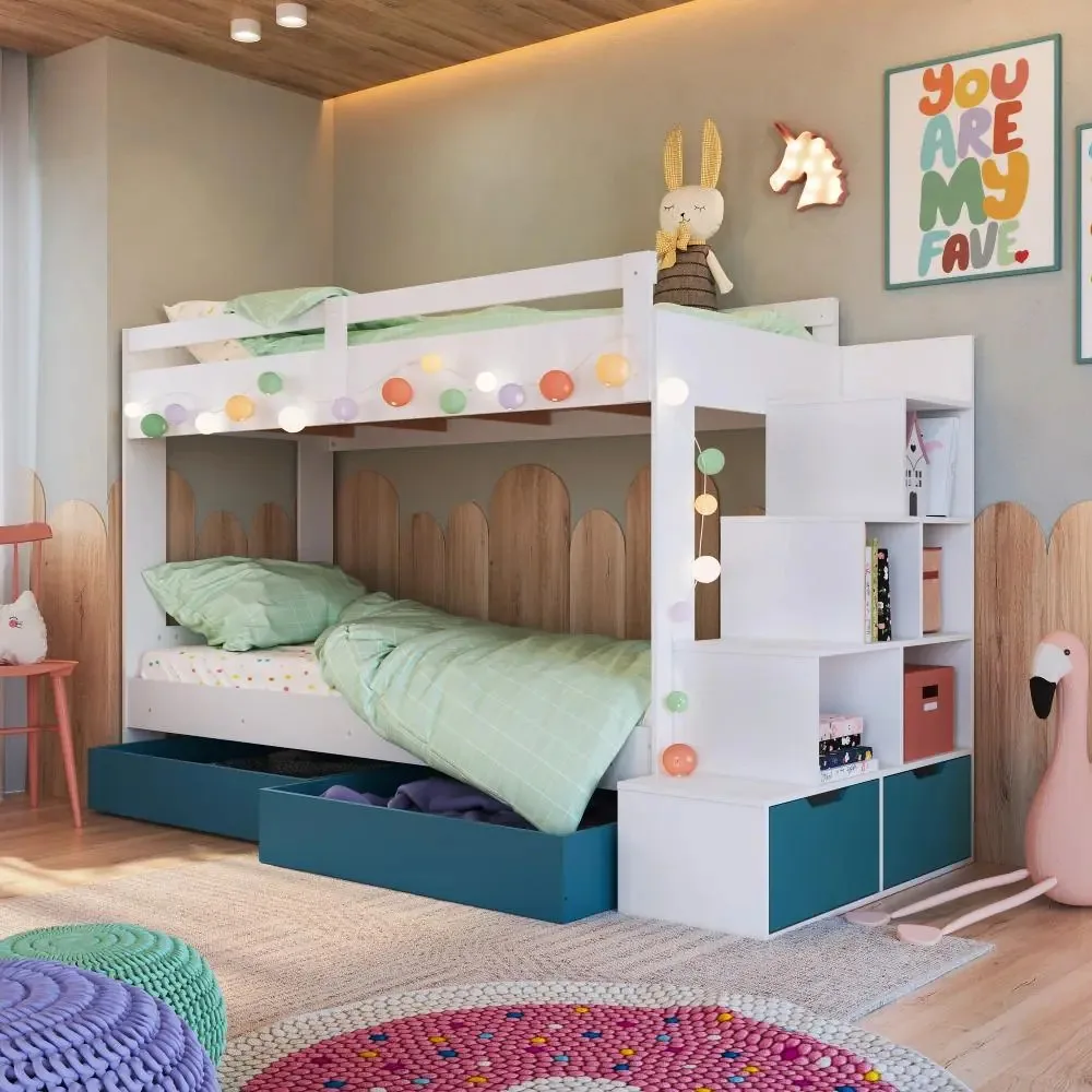 Cama Beliche Infantil Bicama Menino Menina Nicho Gaveta Roda Cor Branco Com Azul Mktpbi004