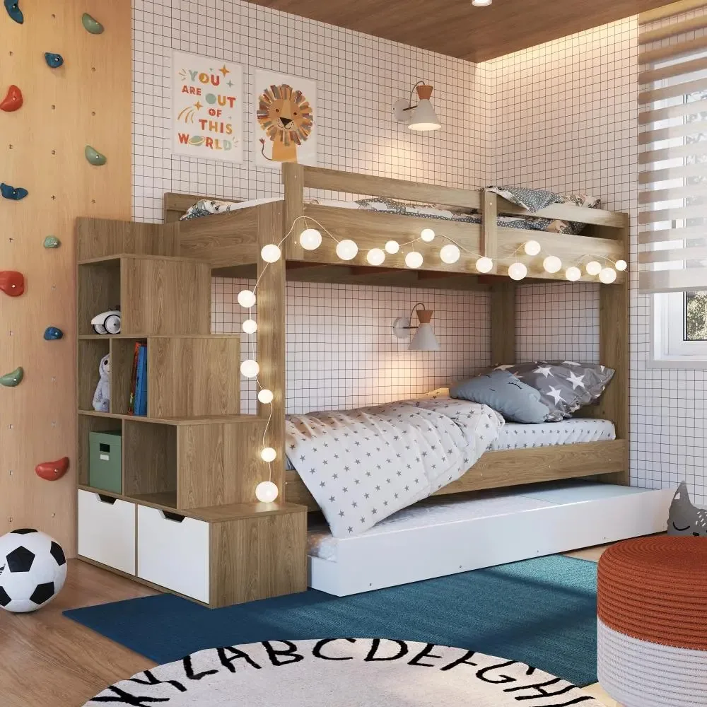 Cama Treliche Infantil Bicama Menino Menina Escada E Gavetas Cor Aveiro Oak com Branco MKTPBI005
