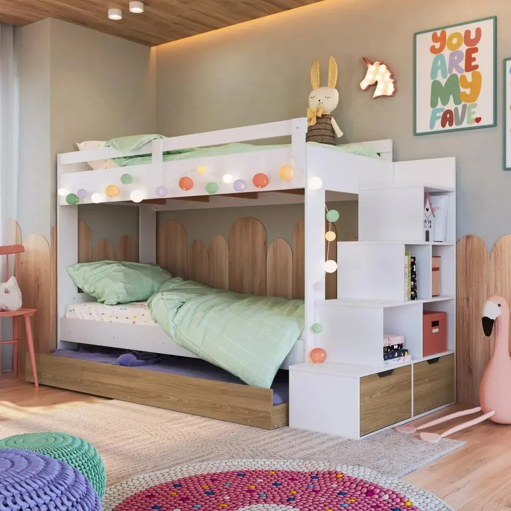 Cama Treliche Infantil Bicama Menino Menina Escada E Gavetas Cor Branco Com Aveiro Oak Mktpbi005