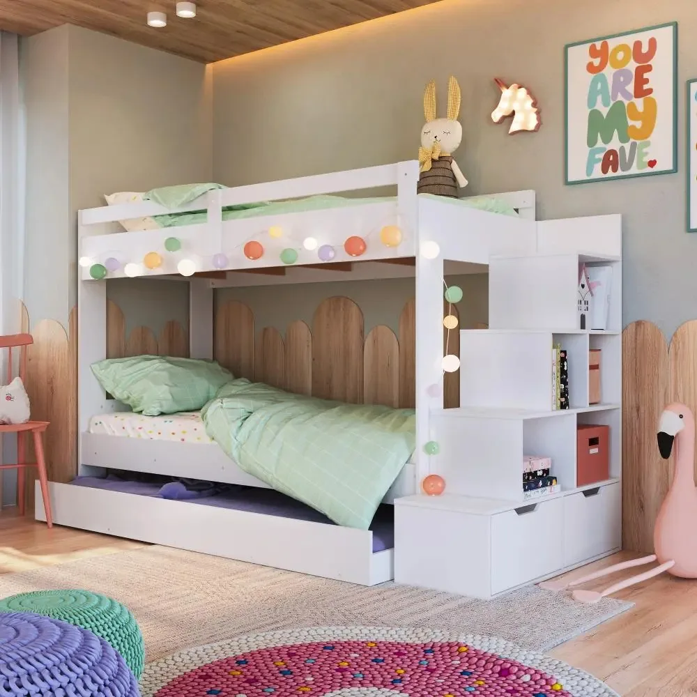 Cama Treliche Infantil Bicama Menino Menina Escada E Gavetas Cor Branco Mktpbi005