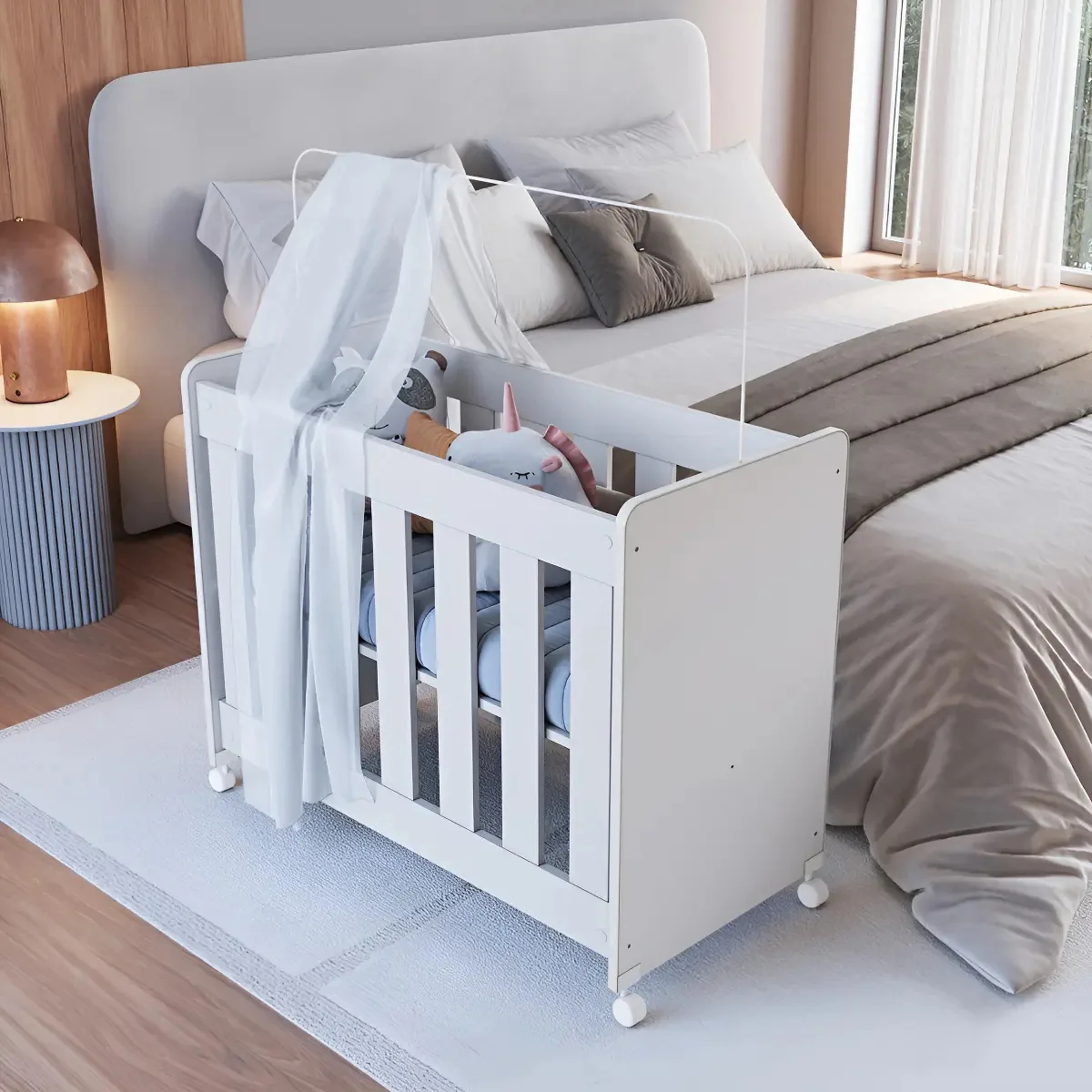 Mini Berço Infantil Moisés Multifuncional 4 em 1 com Rodas para Quarto de Bebê Branco