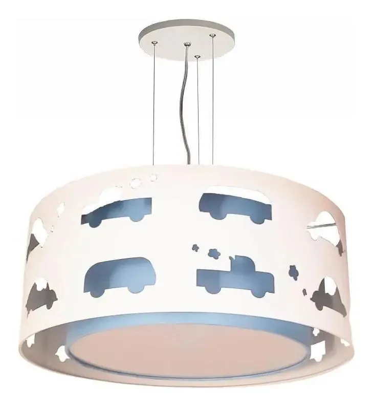 Lustre Infantil Pendente Recorte Carrinhos 40x16 Azul Bebê