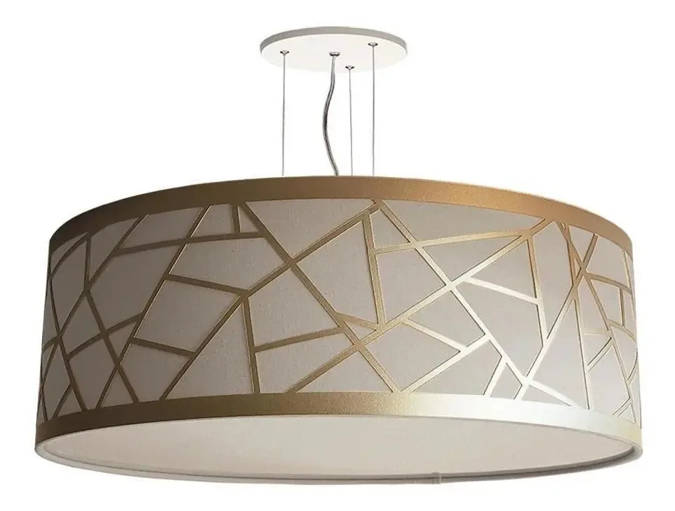 Lustre Pendente Recorte Bronze Cúpula Em Tecido Cáqui 40x15
