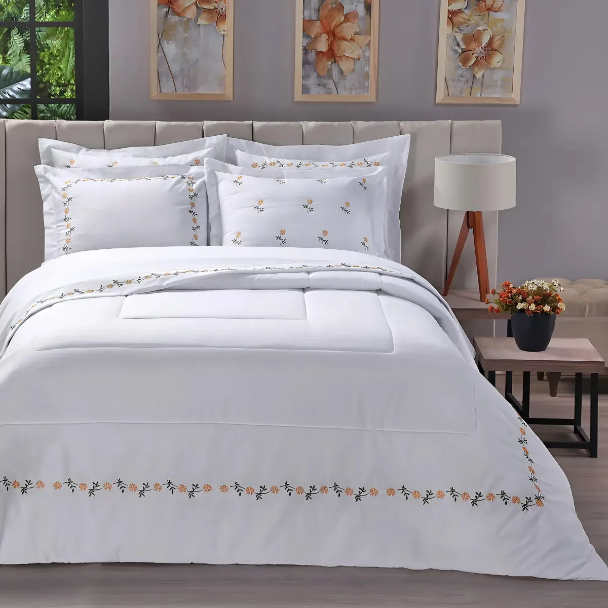 Jogo Cama Completo Edredom + Jogo De Lençol Queen Margarida Cor Branco
