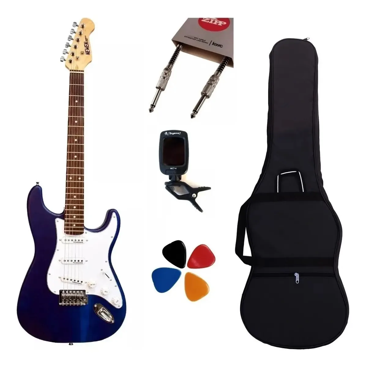 Guitarra elétrica Strato Newen Blue e estojo para cabos sintonizadores