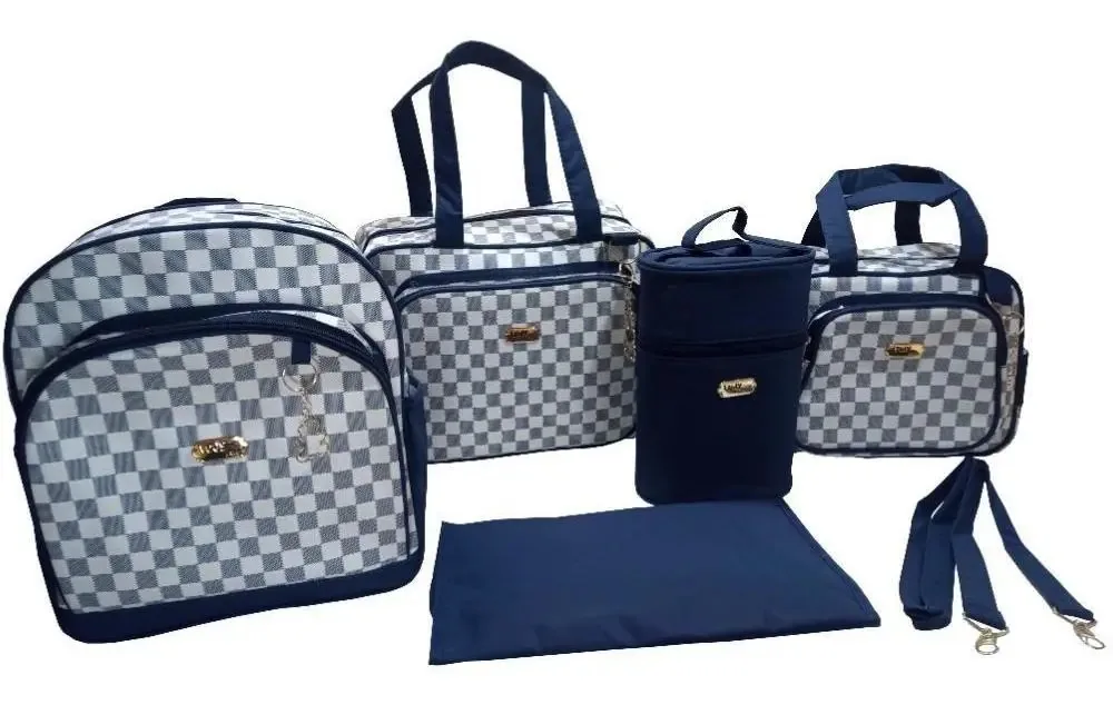 Kit Mala Maternidade Mochila Xadrez Azul Marinho 5