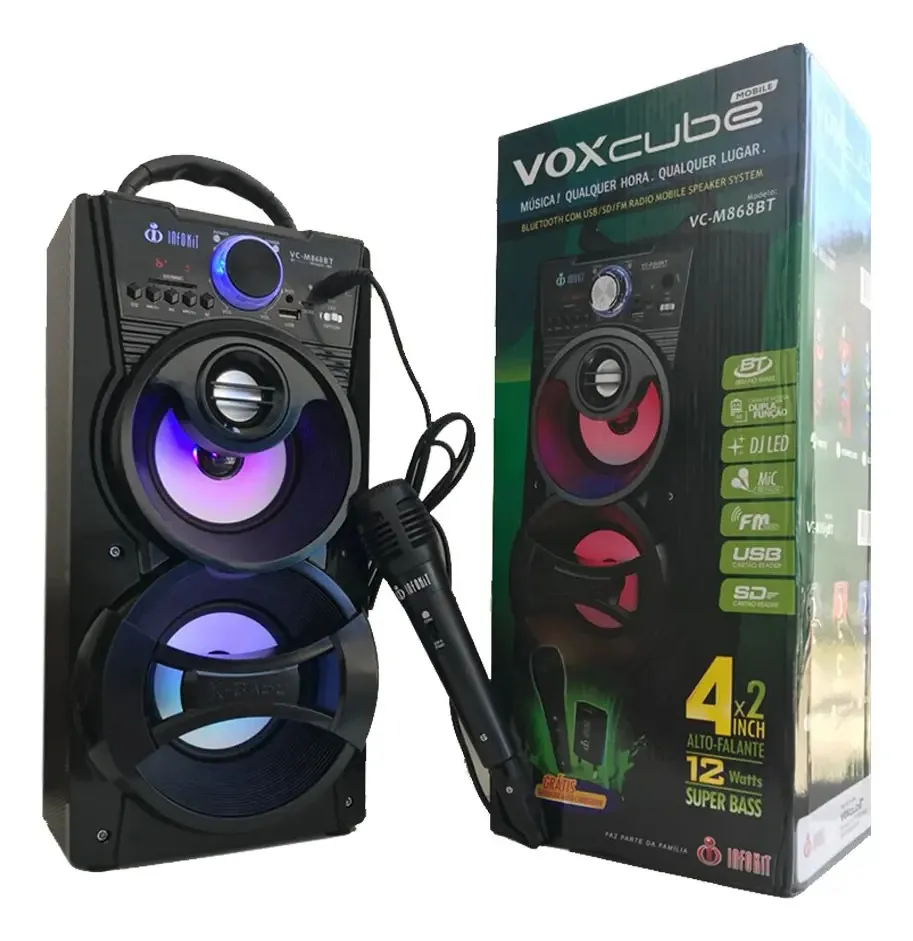 Caixa Som Amplificada Led Microfone Karaoke Bluetooth Usb Fm