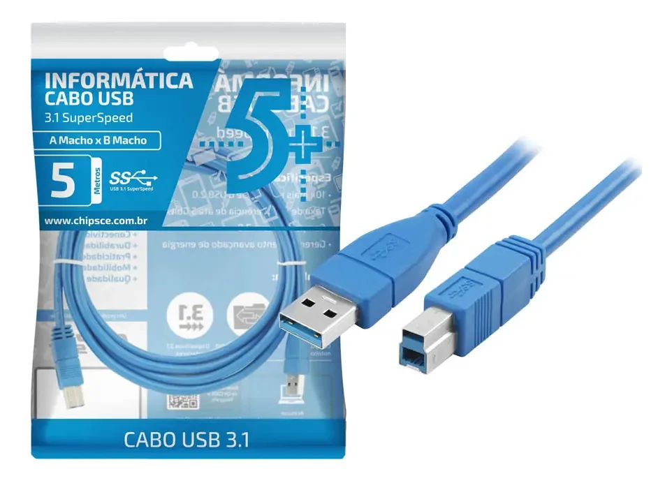 Cabo USB de Dados 5+ para HD Externo e Hub USB, Azul, 5 Metros
