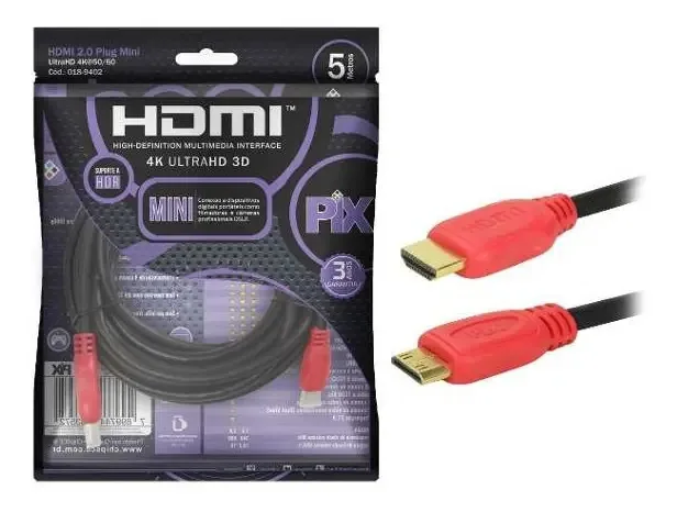 Cabo HDMI 2.0 Mini HDMI para HDMI 5m ChipSCE 4K Ultra HD Conector Ouro