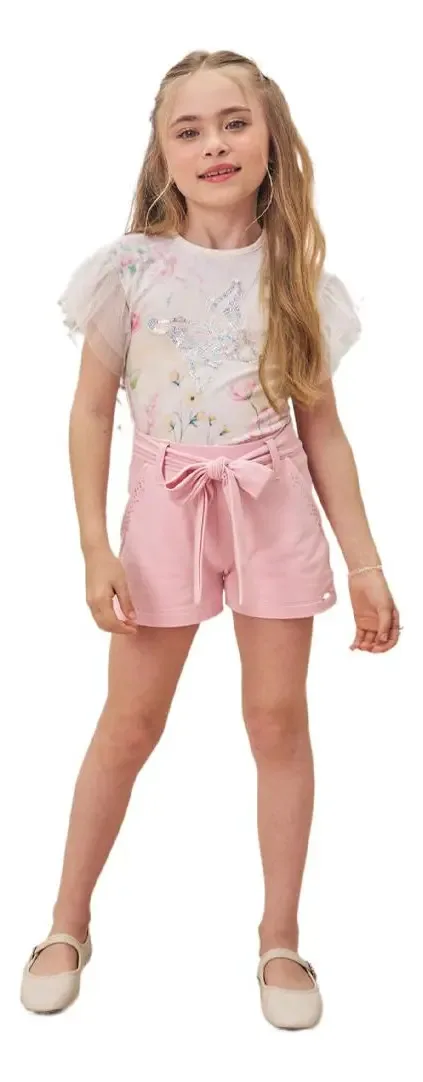 Conjunto Blusa Cotton E Tule Shorts Molevisco Infanti