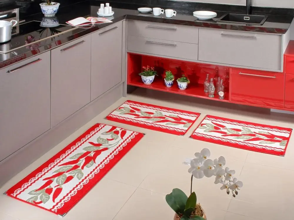 Kit 3 Tapetes Para Cozinha Pimenta Vermelho/bege Andino