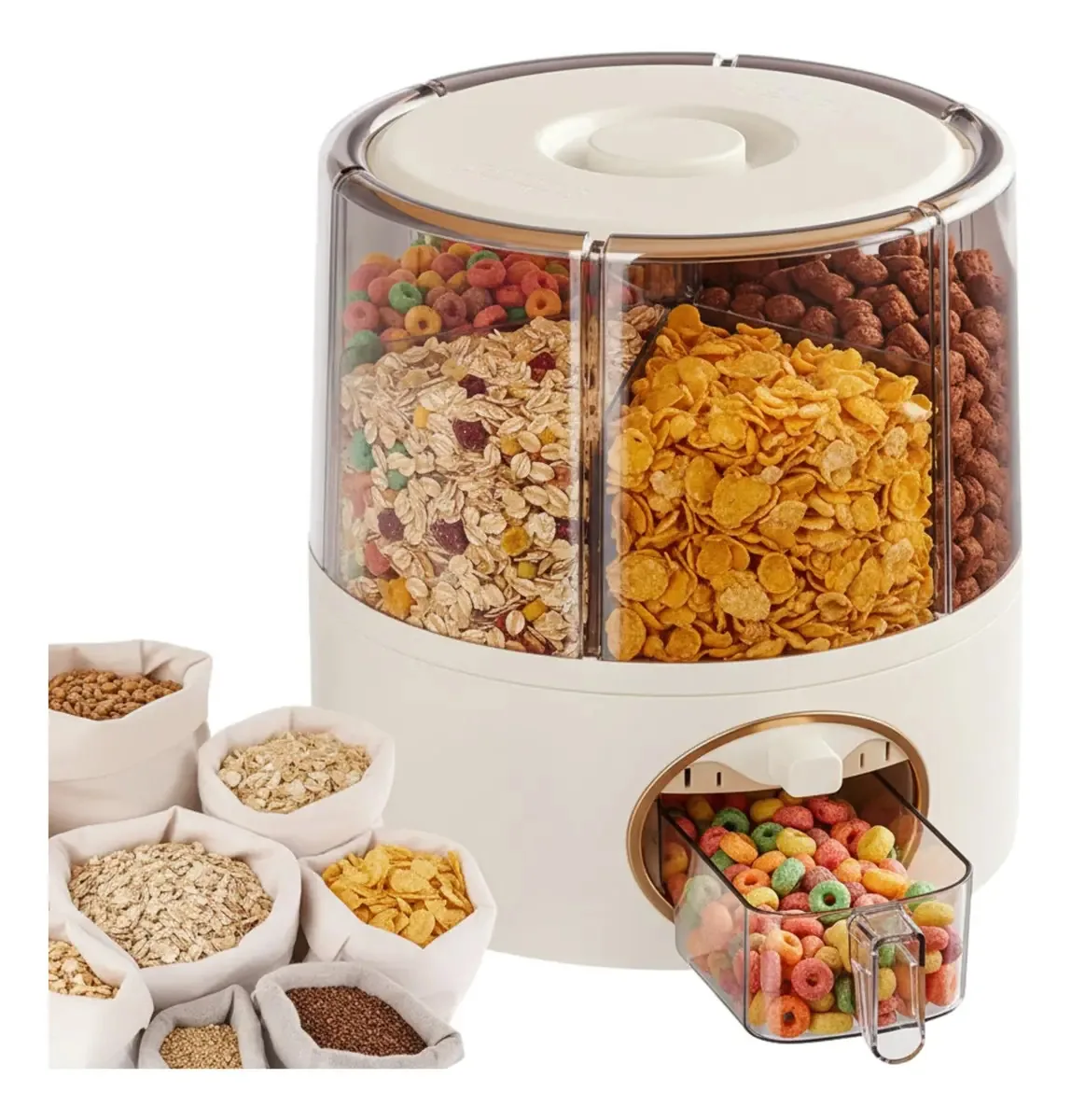 Dispenser De Cereais Rotativo 360° Multifuncional 6 Compartimentos Com Medidor Grãos Peques Arroz Ou Ração Cereais Cor Bege Snel Homno