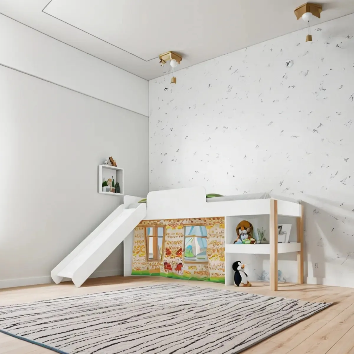 Cama Infantil Com Escorregador E Cortina Playground Branco