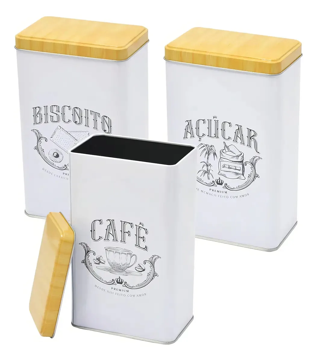 Conjunto 3 Latas Café, Açúcar E Biscoito Retangular Vintage