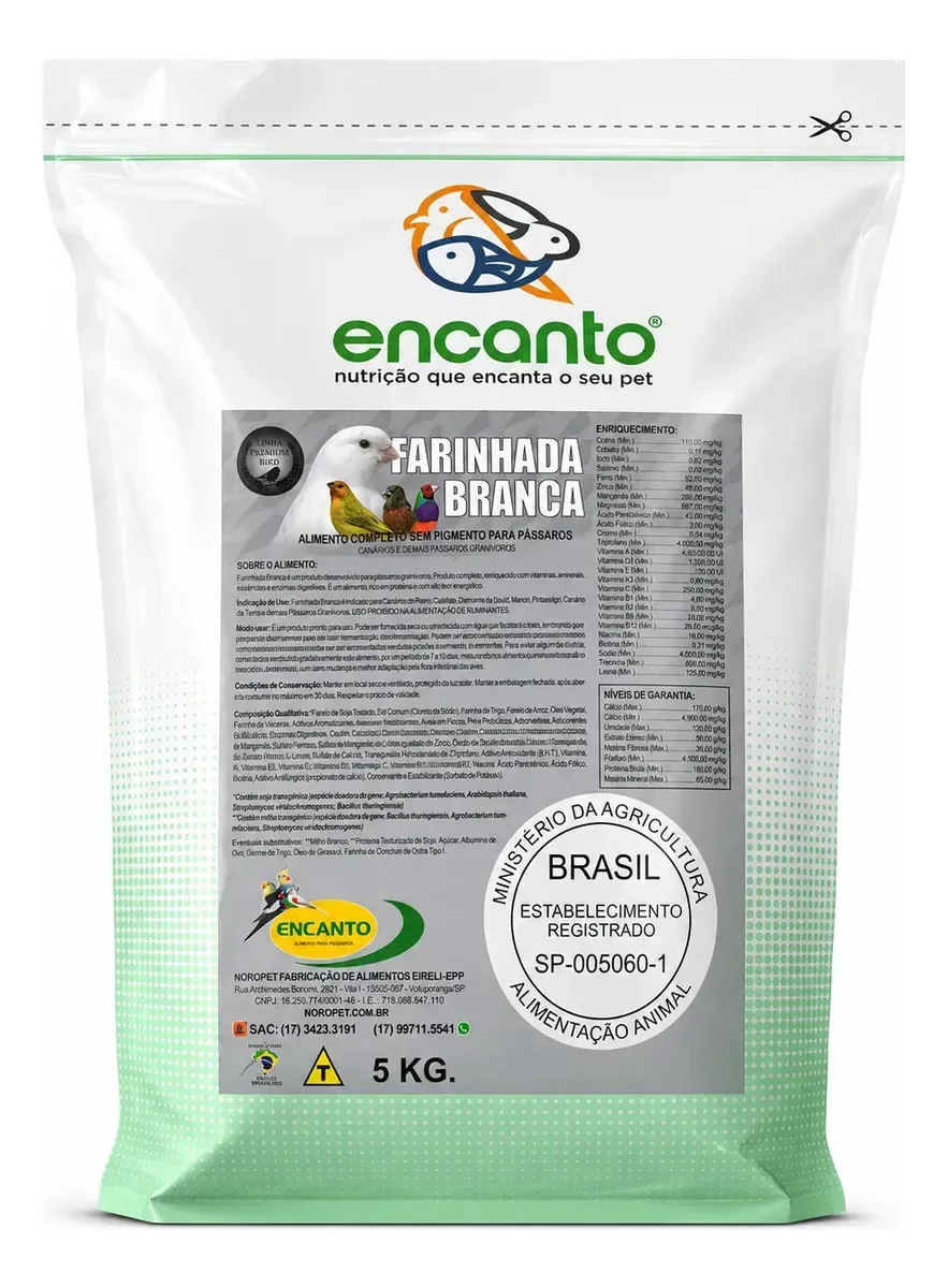 Farinhada Branca Premium Encanto 5kg - Ração Natural Aves