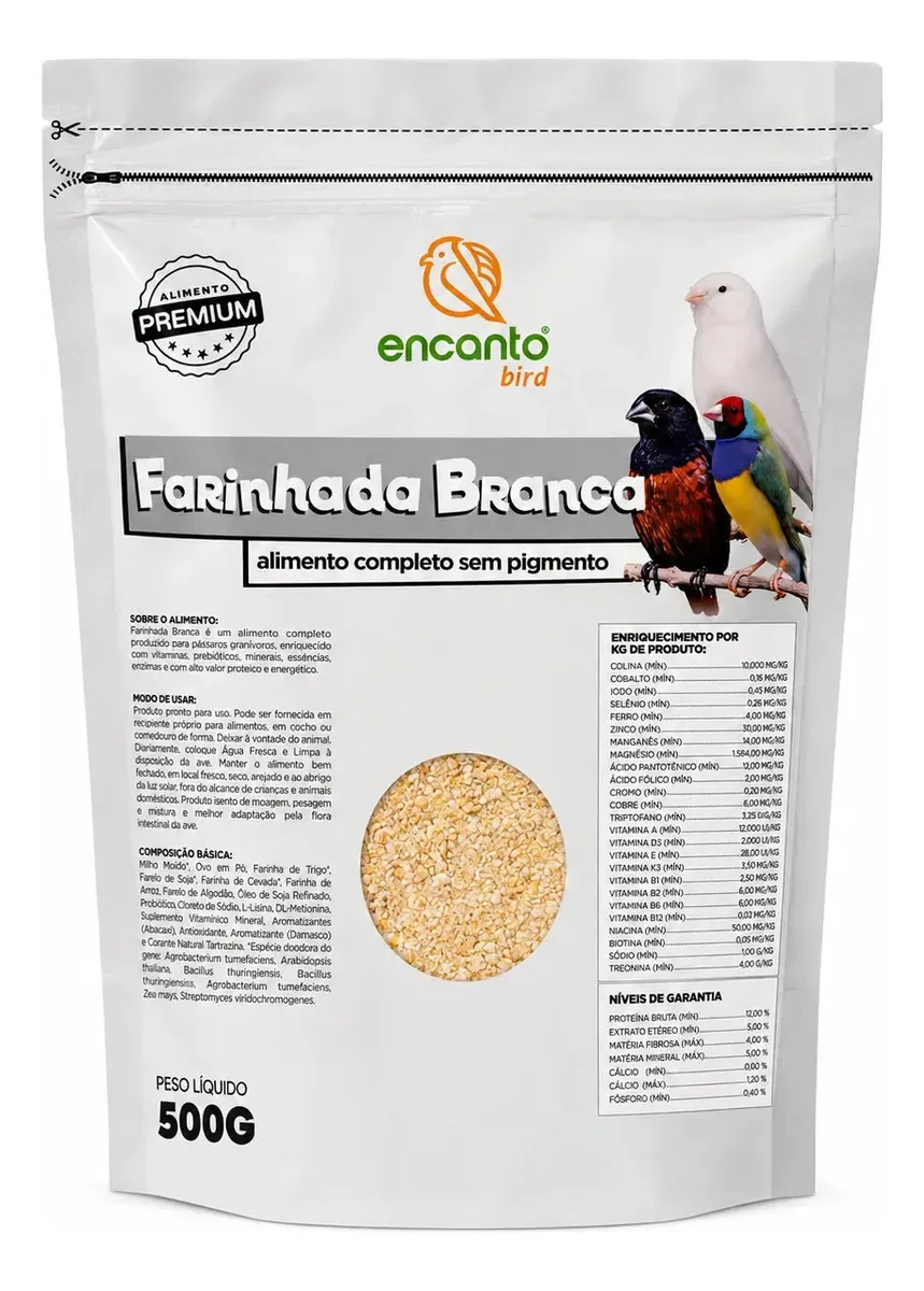 Farinhada Branca Premium Encanto 500g - Ração Natural Aves