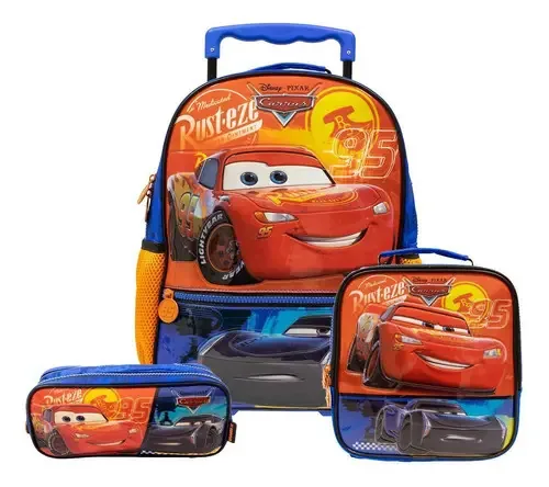 Kit Mochila De Rodas Carros Com Lancheira E Estojo Infantil