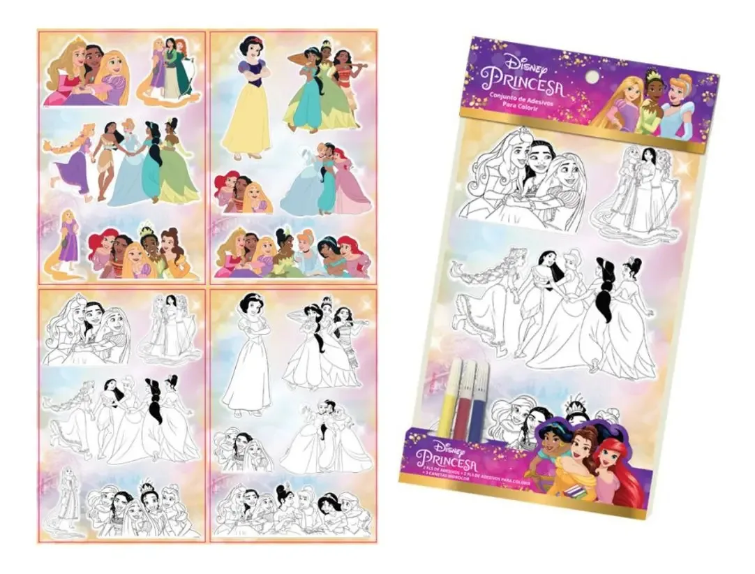 Conjunto Pintura Giz De Cera Adesivos Personagens Disney VMP PAPEIS Cor Princesas