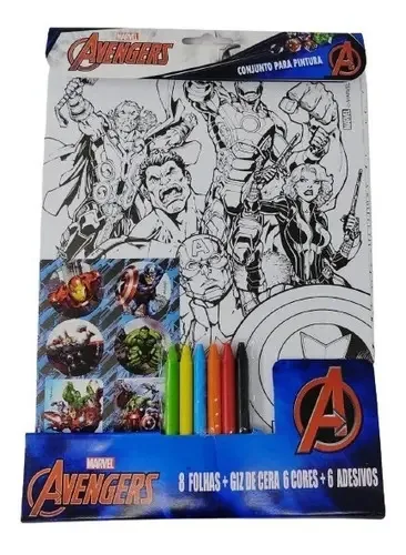 Conjunto Giz de Cera Adesivos Disney Avengers VMP Papéis Vidro Madeira Metal