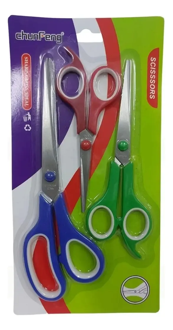 Kit 3 Tesouras Doméstica Uso Geral Costura Papel Escritório