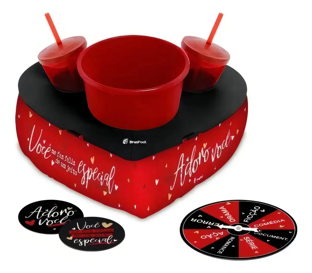 Conj.pipoca C/port.copos E Roleta - Adoro Você - Brasfoot Cor Vermelho Desenho do tecido Estampado