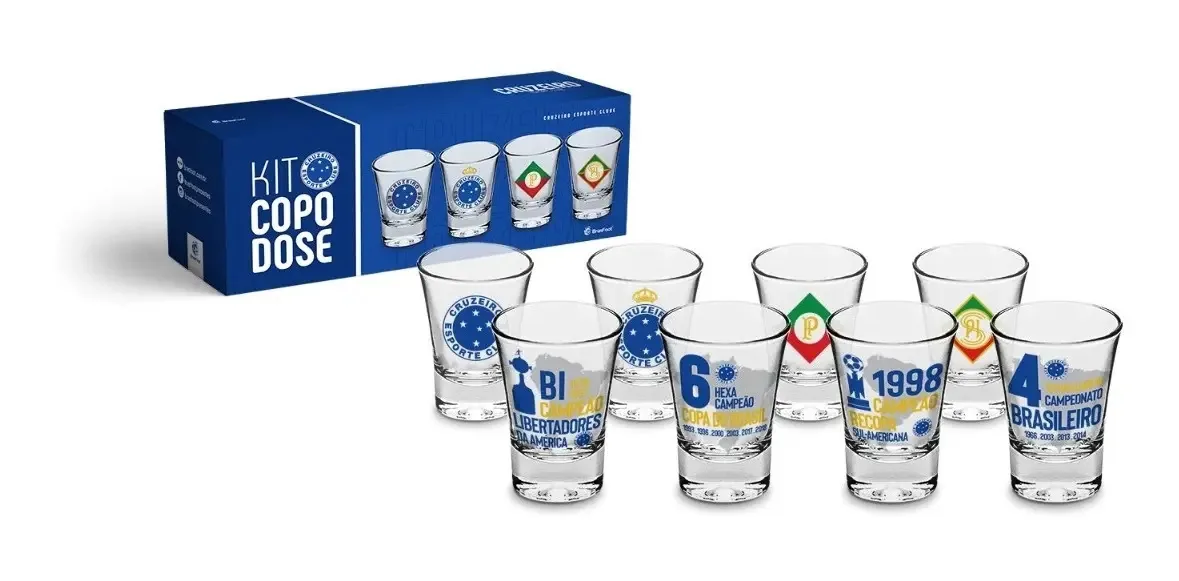 Kit 4 Copos Dose Vidro 60ml Marca BrasFoot Desenho Escudos