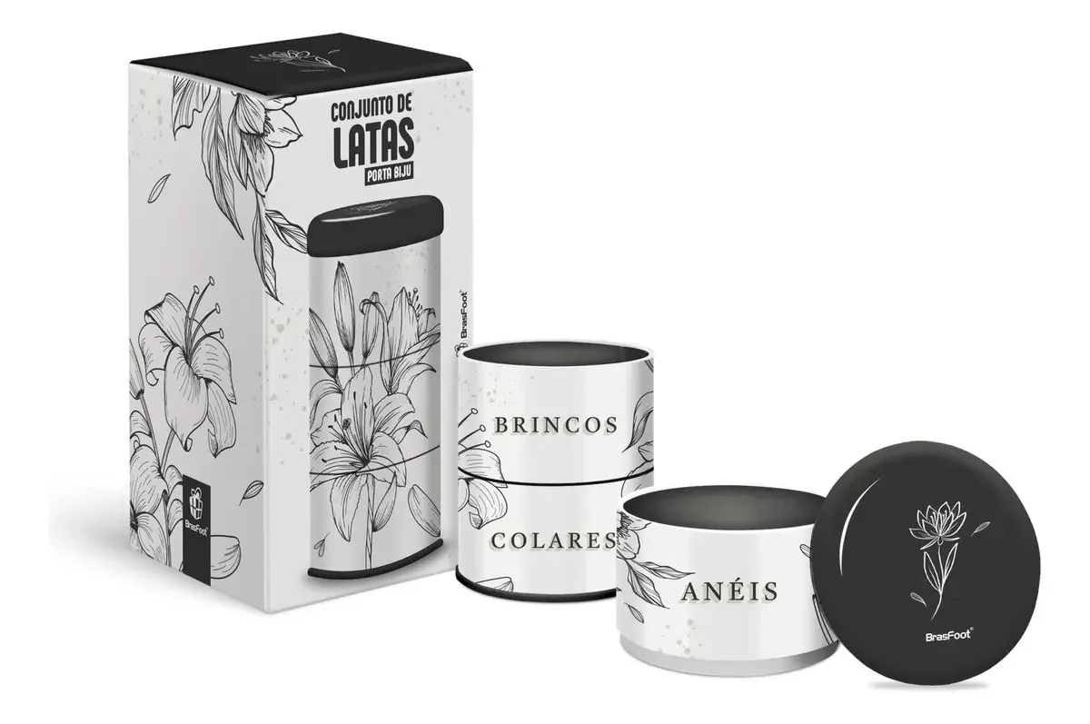 Lata Porta Joias - Floral Preto E Branco Multicolorido