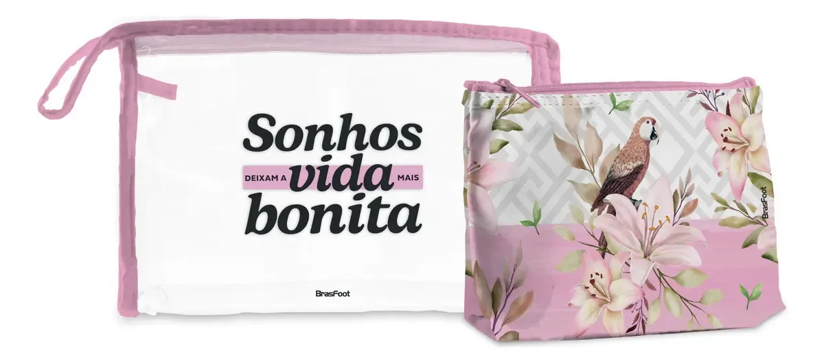 Kit com 2 Necessaires de Viagem BrasFoot Florido Rosa com Zíper
