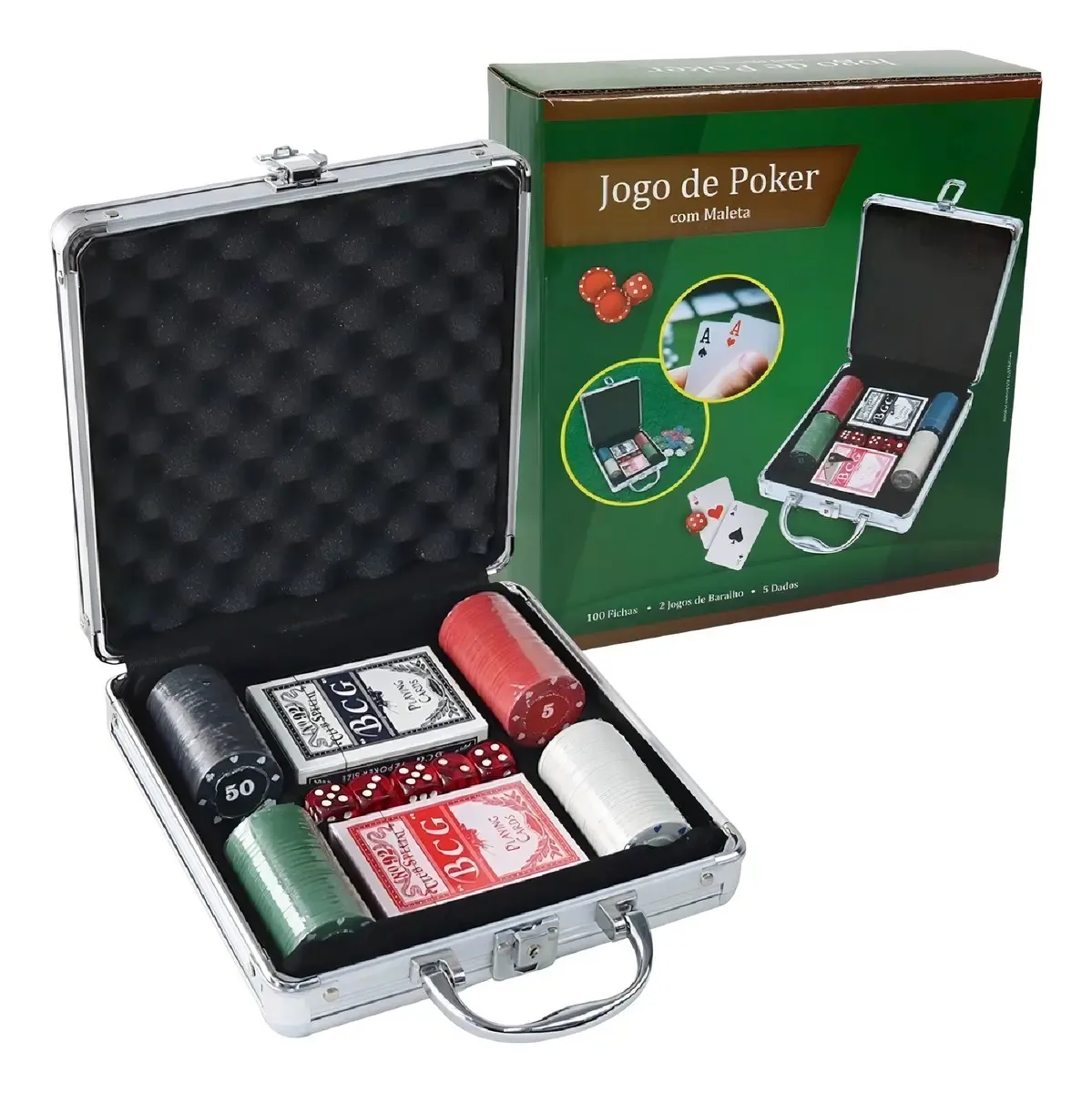 Kit Jogo Poker Maleta Kadê 100 Fichas 2 Baralhos 5 Dados